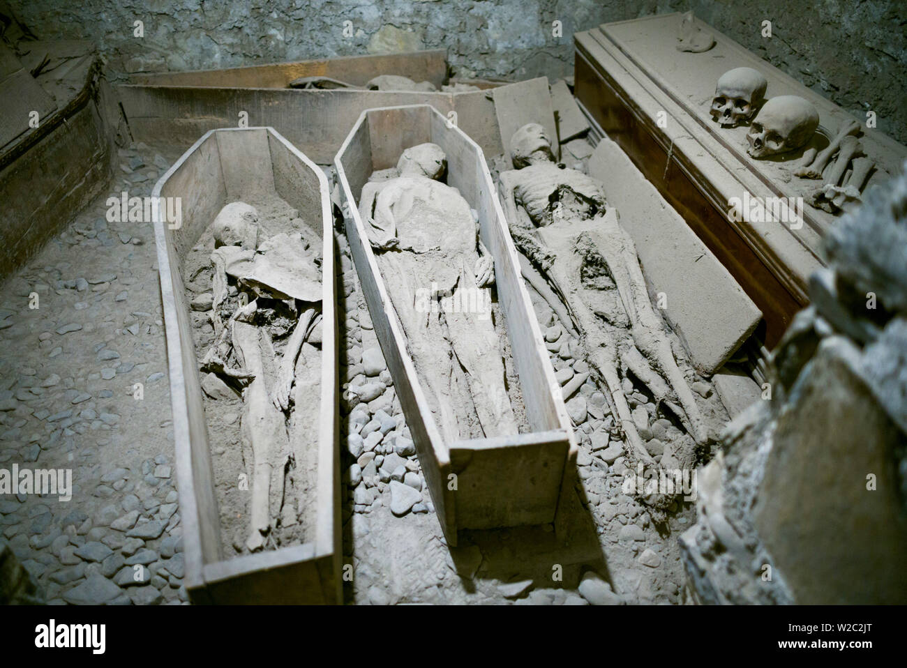 Irland, Dublin, Smithfield, St. Michan's Church, haltbar, menschliche Überreste in offenen Schatullen Stockfoto