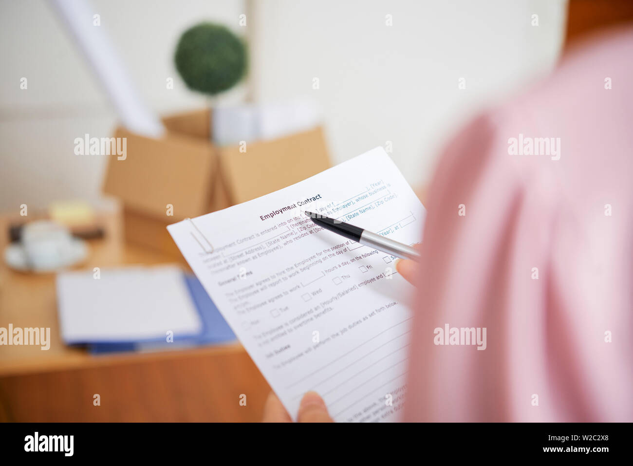 Close-up-Bild der Unternehmerin lesen Arbeitsvertrag und detailliert prüfen Stockfoto