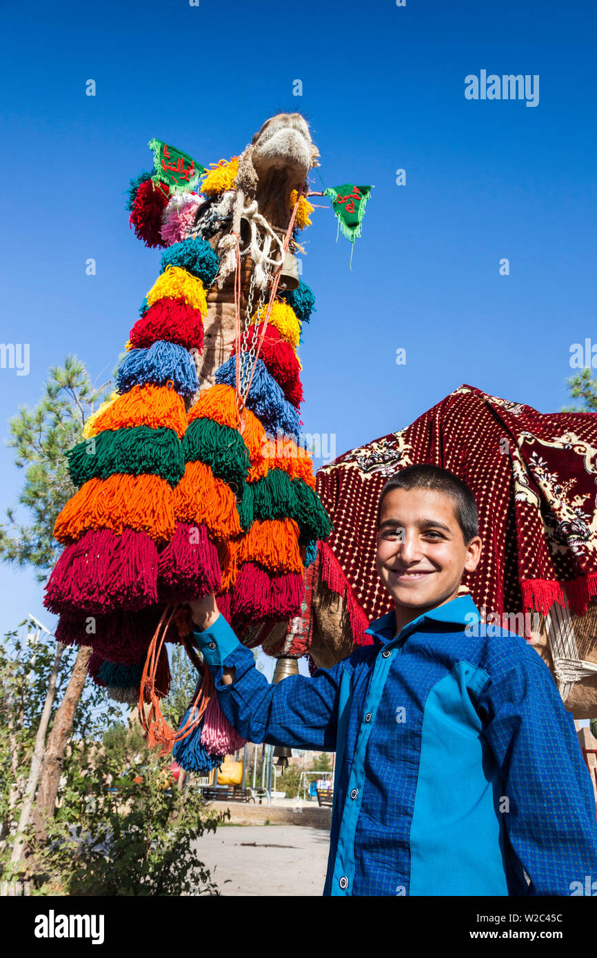 Iran, Iran, Yazd, Kamel mit Urlaub Dekoration Stockfoto