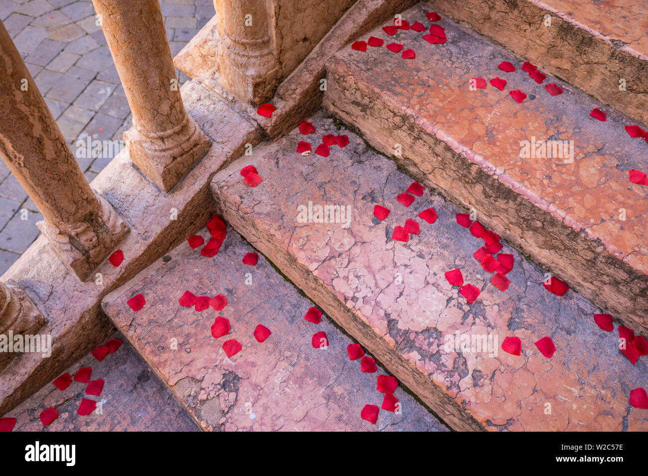 Konfetti auf Stufen führen in den Torre di Lamberti, Verona, Venetien, Italien Stockfoto