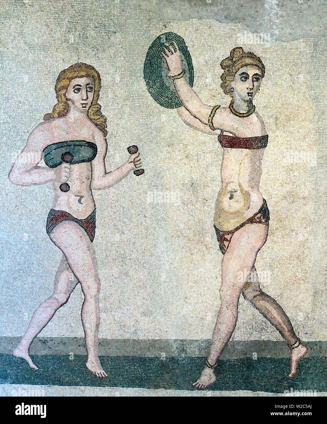 Bikini Mädchen Mosaik, Villa Romana del Casale, Piazza Armerina, Sizilien, Italien Stockfoto
