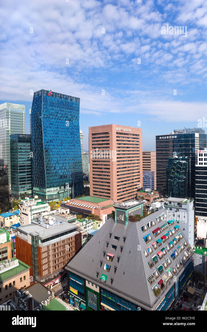 Moderne Architektur im angesagten Viertel Myeong-dong, Seoul, Südkorea Stockfoto