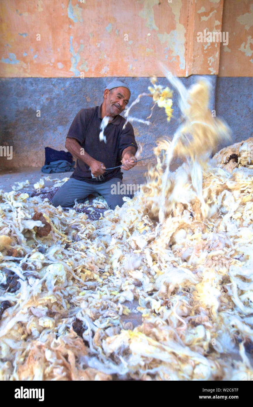 Mann schlagen Wolle, Meknes, Marokko, Nordafrika Stockfoto