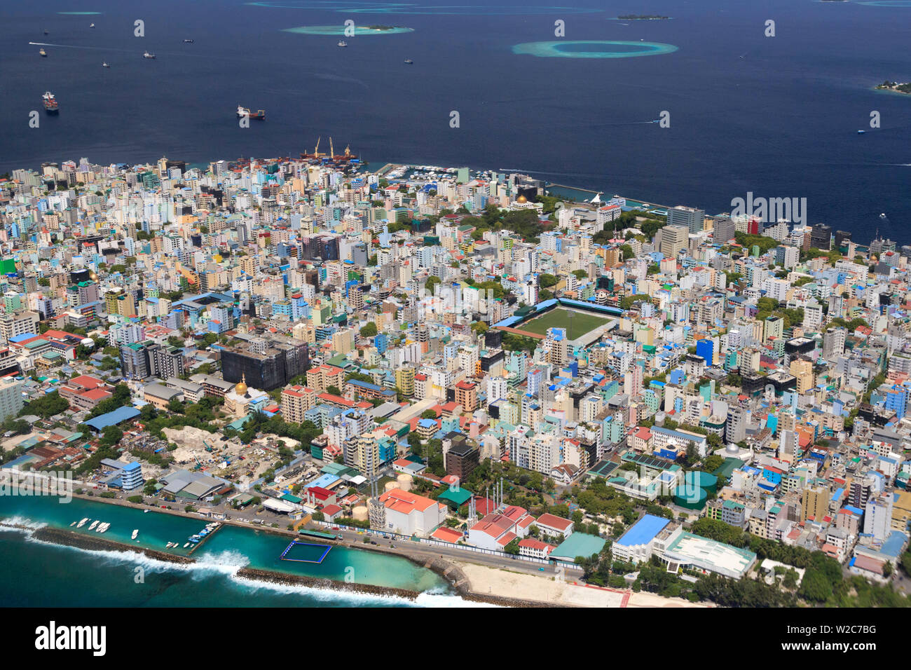 Malediven, Male, Luftaufnahme der männlichen Stadt und Insel Stockfoto