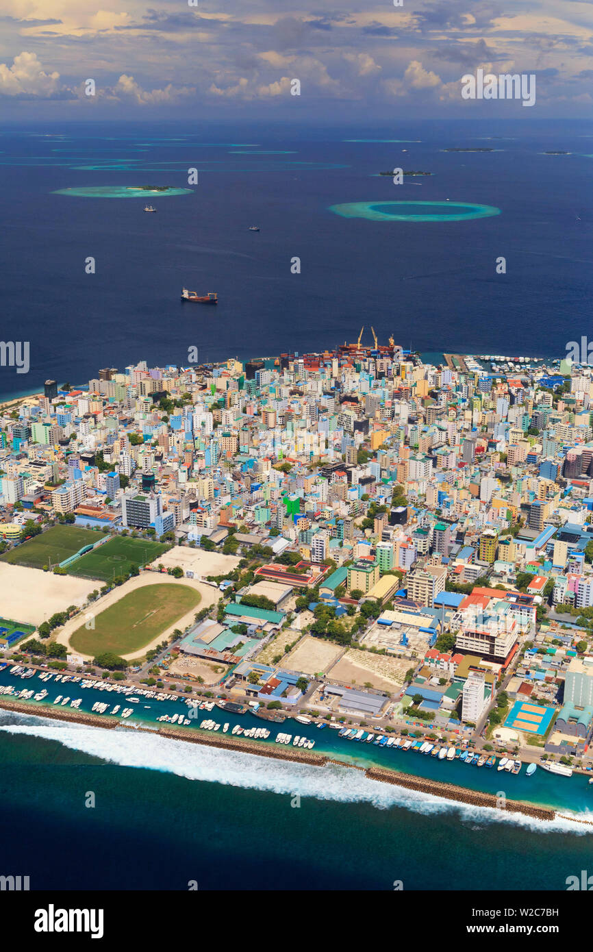 Malediven, Male, Luftaufnahme der männlichen Stadt und Insel Stockfoto