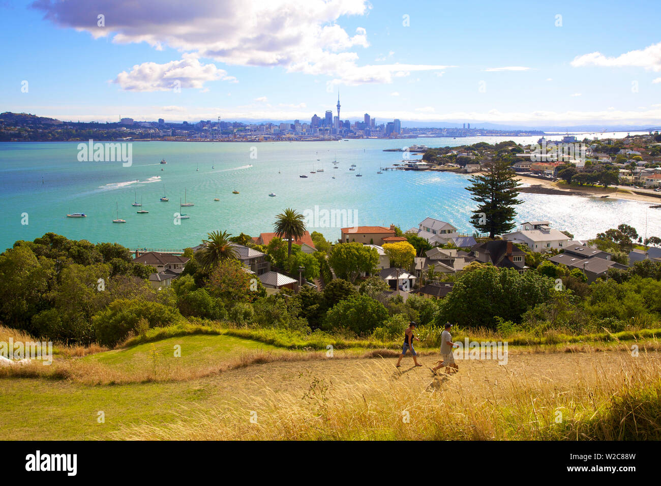 Die Stadt Auckland und den Hafen von Devonport, Auckland, Neuseeland, Pazifische Ozean. Stockfoto