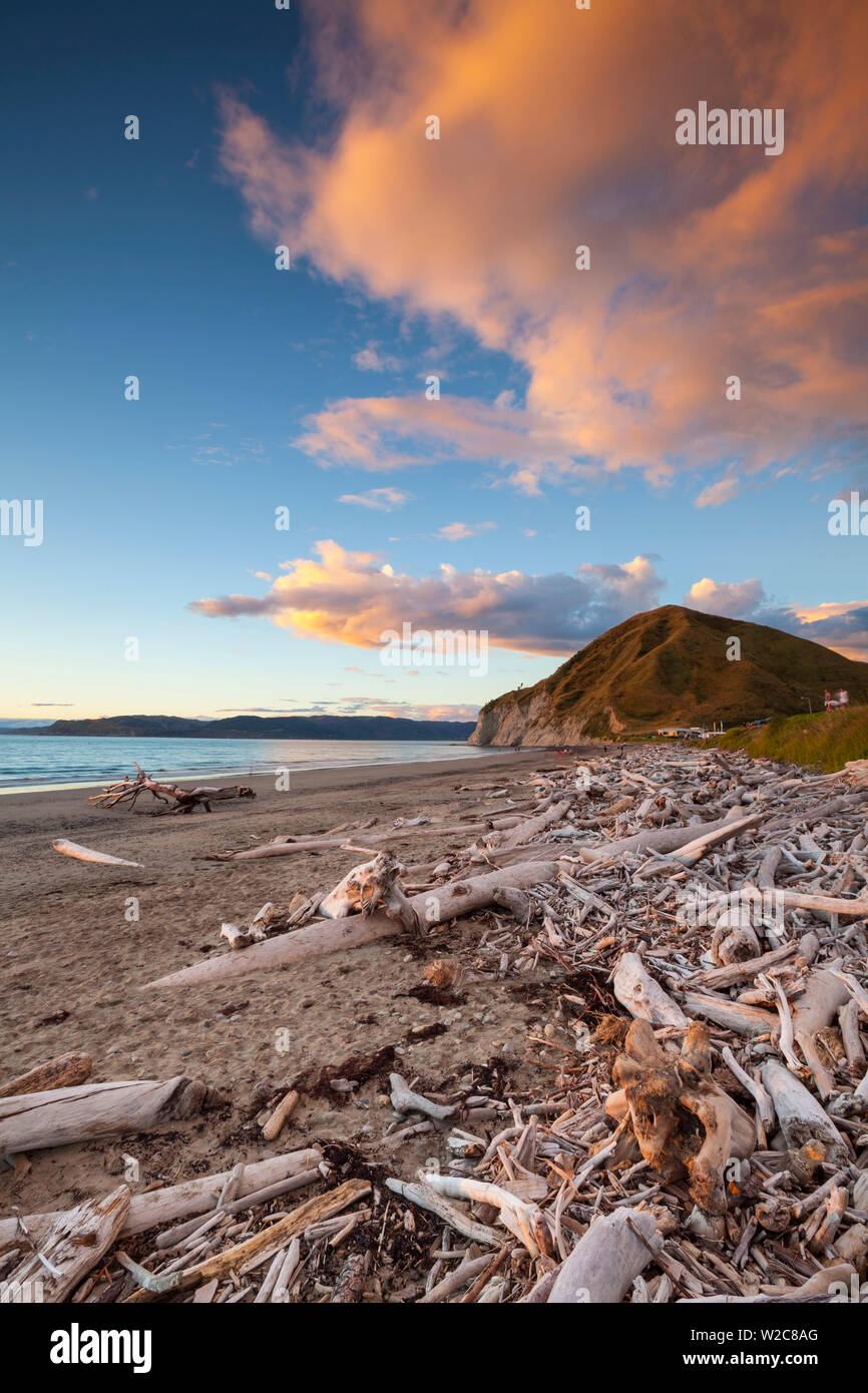 Malerische Strand bei Sonnenuntergang beleuchtet, Mahia Peninsula, North Island, Neuseeland Stockfoto