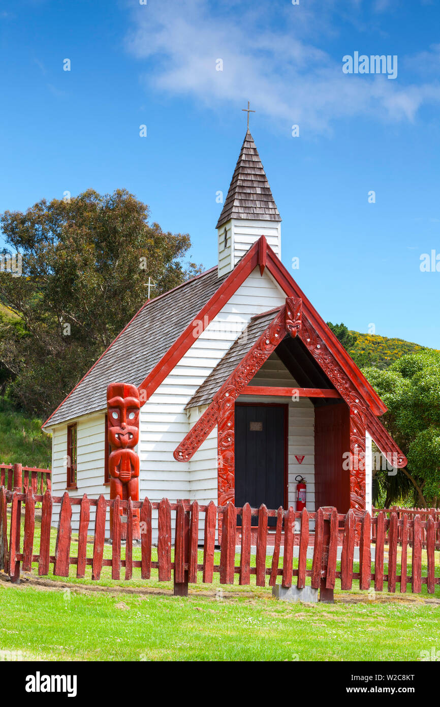 Die wunderschöne kleine Kirche Onuku, Akaroa, Banken Peninsular, Canterbury, Südinsel, Neuseeland Stockfoto