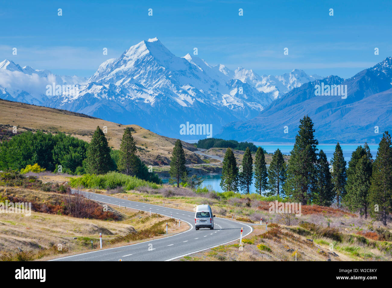 Mount Cook (Aoraki), Lake Pukaki, Mackenzie Country, Canterbury, Südinsel, Neuseeland Stockfoto