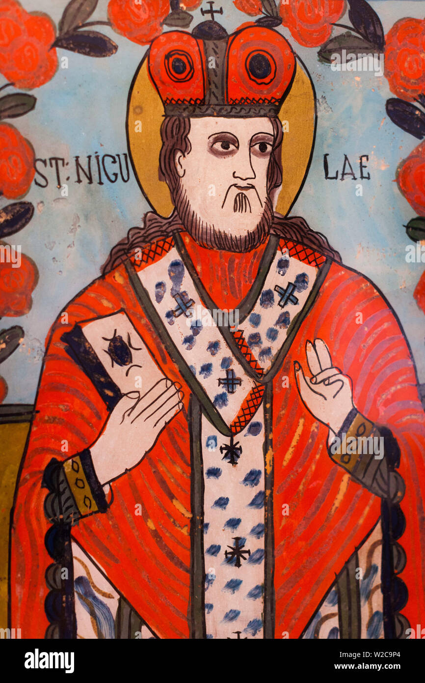Rumänien, Transsilvanien, Sibiel, Zosim Oancea Icon Collection, Rumäniens größte Sammlung von Ikonen, Glas-Ikone des Heiligen Nikolaus Stockfoto