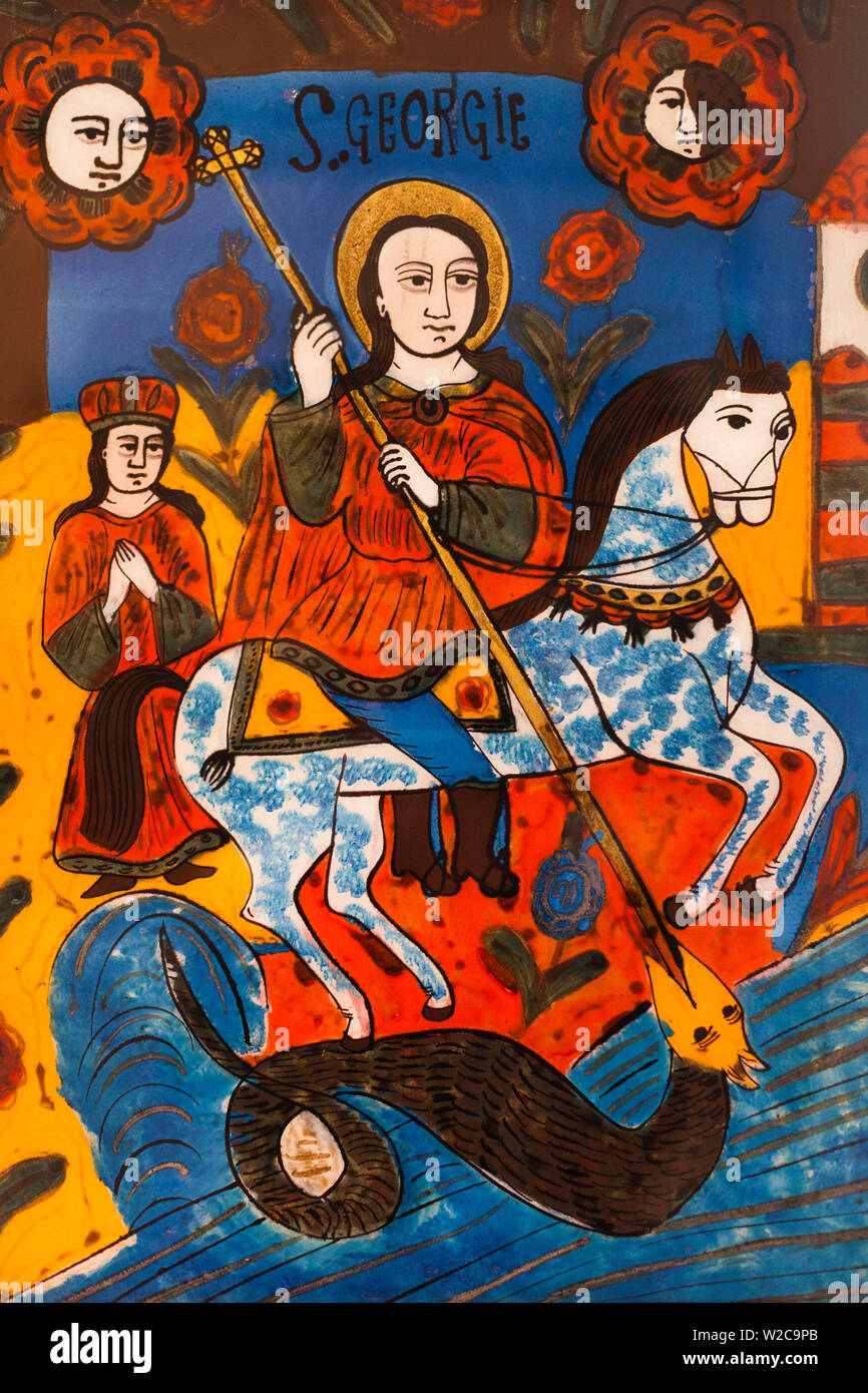 Rumänien, Siebenbürgen, Sibiel, Zosim Oancea Icon Sammlung, dem größten rumänischen Sammlung religiöser Symbole, Glas Ikone von St. Georg und der Drache Stockfoto