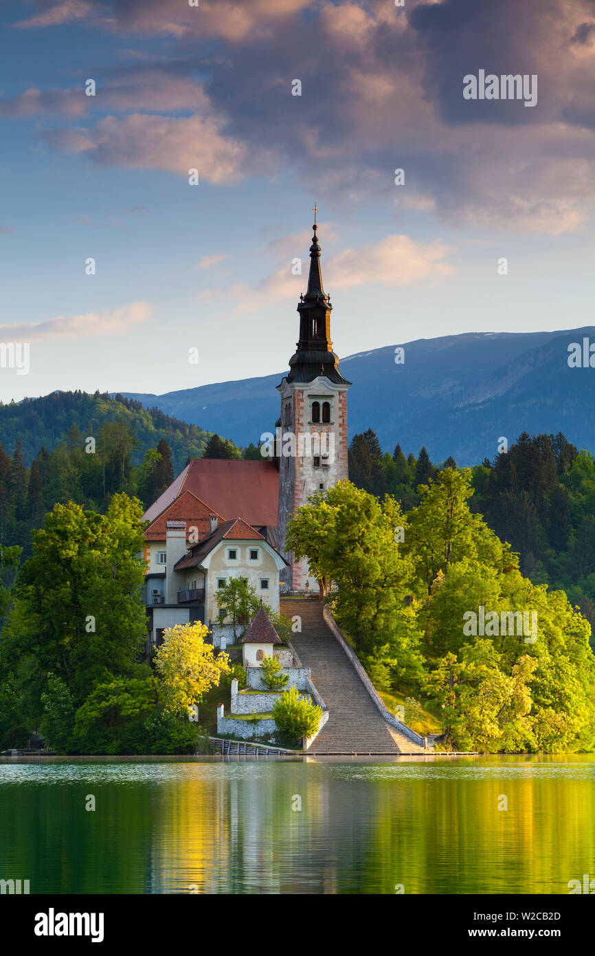 Die Insel mit der Kirche der Aufnahme leuchtet bei Sonnenaufgang, der See von Bled, Bled, Obere Krain, Julische Alpen, Slowenien Stockfoto