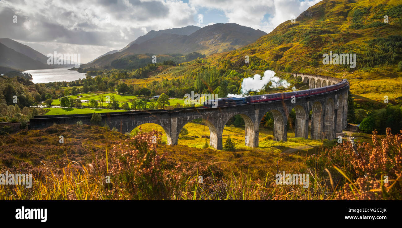 Großbritannien, Schottland, Highland, Loch Shiel, Glenfinnan, Glenfinnan Eisenbahnviadukt, Teil der West Highland Line, das Jacobite Steam Train, berühmt in JK Rowlings Harry Potter als Hogwarts Express Stockfoto