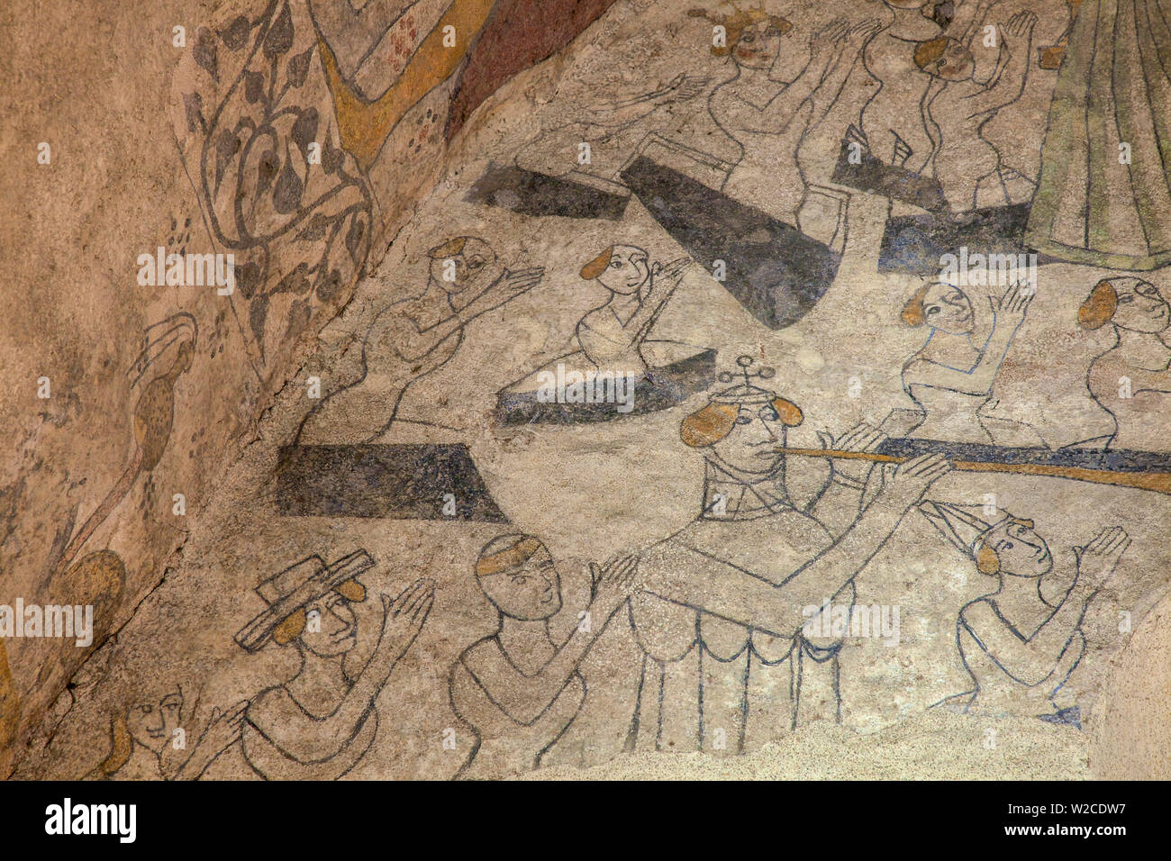 Mittelalterliche Fresken in der Fischer-Kapelle, St. Brelade Bay, Jersey, Kanalinseln Stockfoto