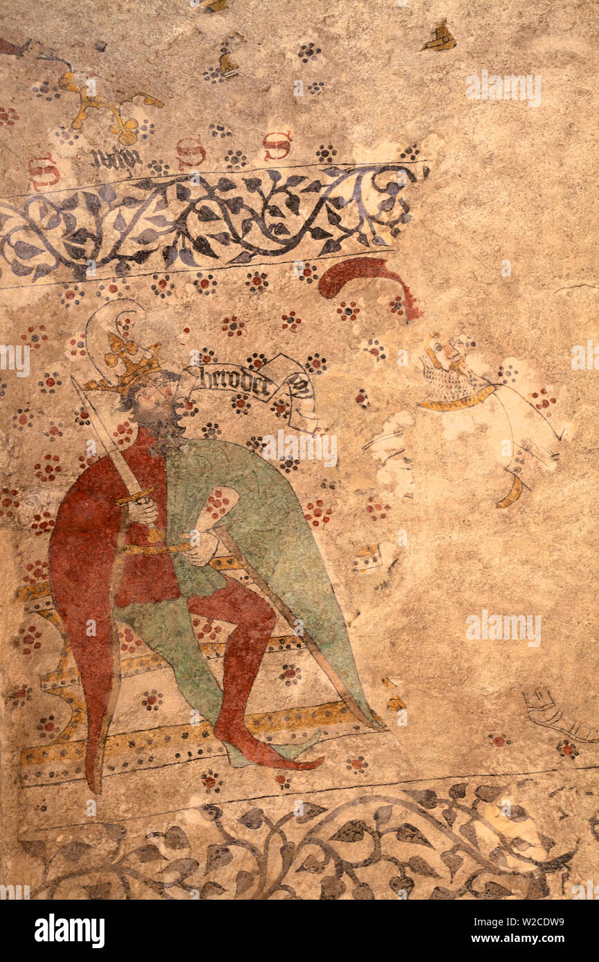 Mittelalterliche Fresken in der Fischer-Kapelle, St. Brelade Bay, Jersey, Kanalinseln Stockfoto