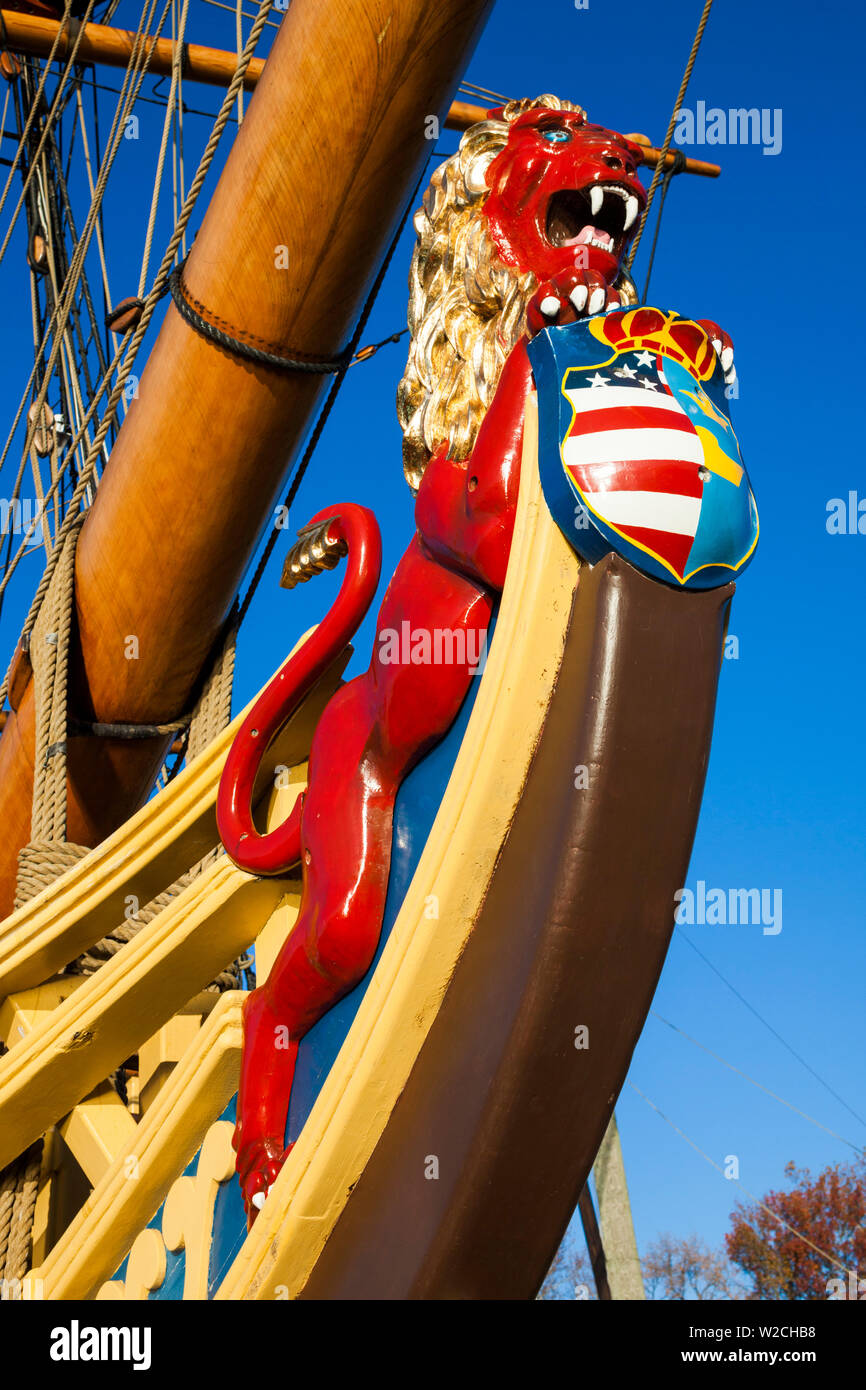 USA, Delaware, Wilmington, Kalmar Dezember, Nachbau des Schiffes, die ersten europäischen Siedler in Delaware 1638 gebracht, Galionsfigur Stockfoto