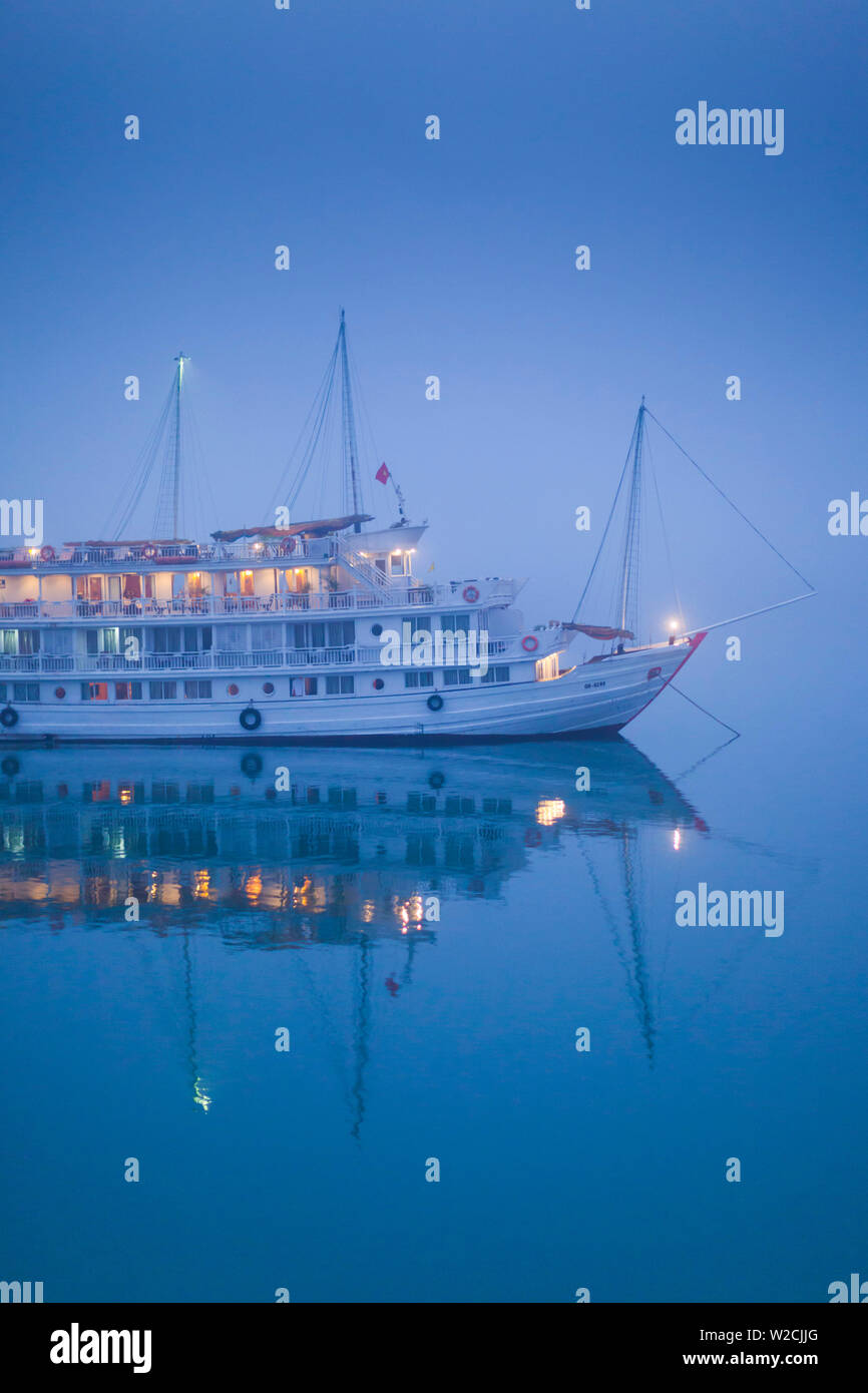 Vietnam, Halong Bay, Ausflugsboote, Morgendämmerung Stockfoto