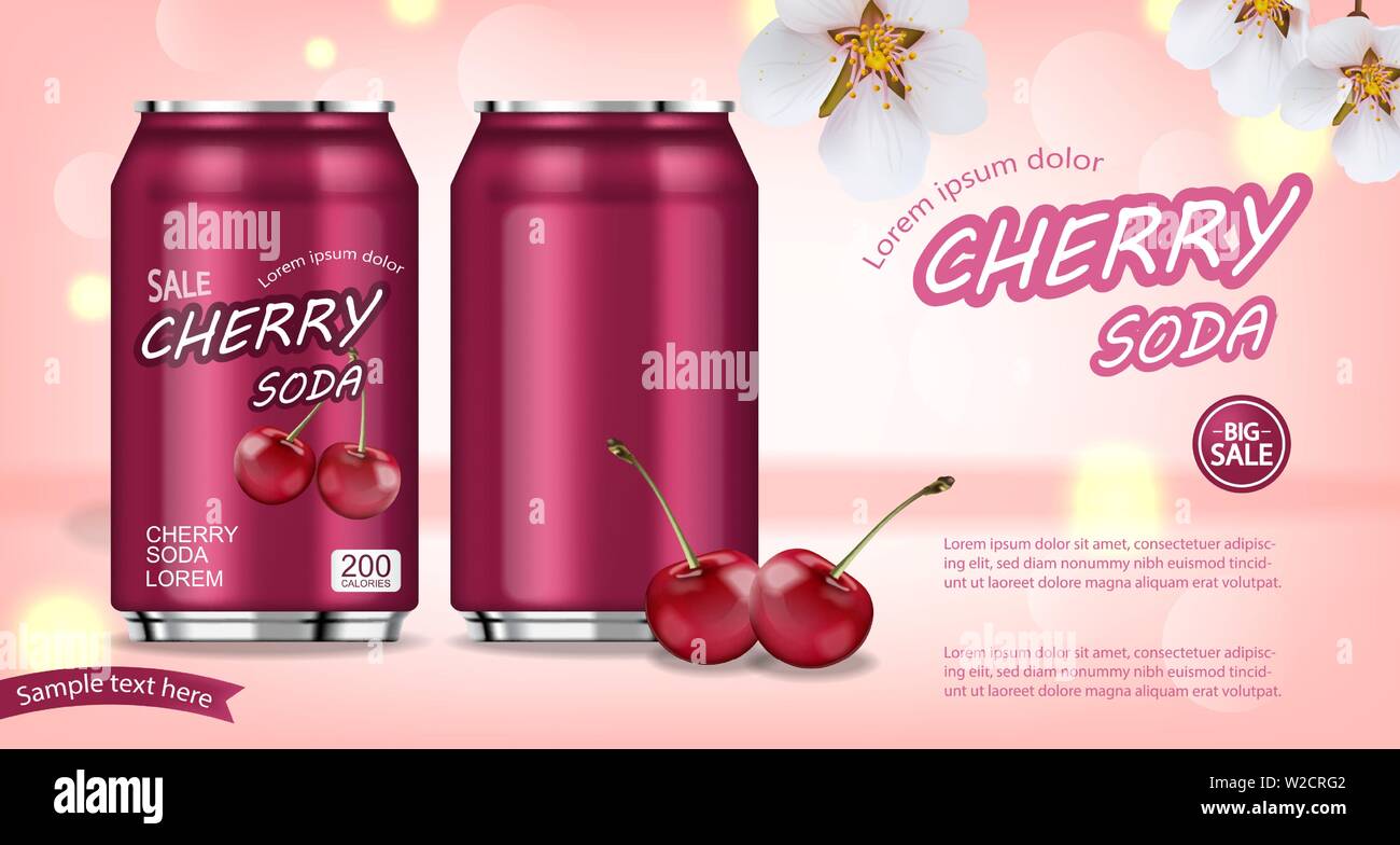 Cherry Soda Aluminium Flaschen Vektor realistische Mock up. Product placement Aluminium Flaschen. 3D-Darstellung Stock Vektor