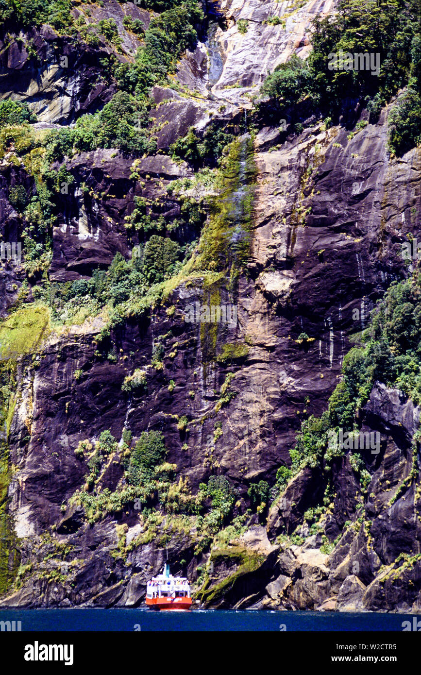 Neuseeland, Südinsel. Milford Sound/Piopiotahi ist ein Fjord im Südwesten der Südinsel Neuseelands im Fjordland National Park, Piopiotahi (Milford Sound) Marine Reserve, und die Te Wahipounamu World Heritage Site. Es wurde oben Reiseziel der Welt in einer internationalen Umfrage beurteilt und ist berühmt als das bekannteste Reiseziel Neuseelands. Foto: © Simon Grosset. Archiv: Bild von einem ursprünglichen Transparenz digitalisiert. Stockfoto