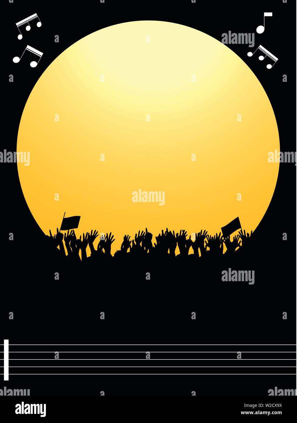 Musik Festival oder Partei gelber Rahmen kopieren Raum mit jubelnder Menge Silhouette über Schwarzen portrait Hintergrund mit Noten auf Pentagramm Stock Vektor