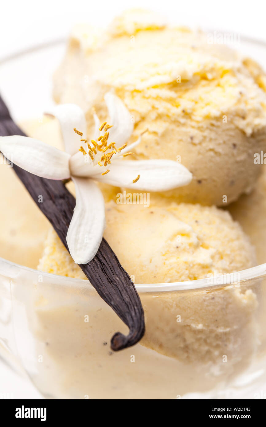 Eisbecher: detail Vanilleeis Eisbecher mit Vanille Blume Stockfoto