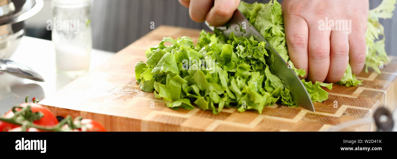 Koch Hände Schneiden Grüne frischem Salat Zutat Stockfoto