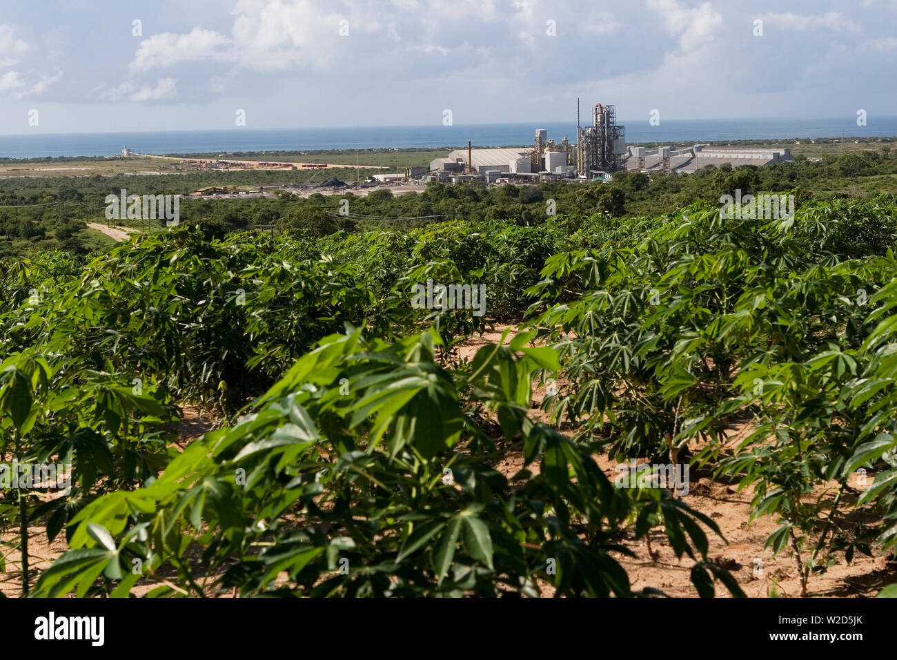 Abbau, Verwaltung und Transport von mineralischen Sanden aus Titan. Vom sanierten Bauernland über die Verarbeitungsanlage bis zur Küste und zum Meer, und Förderband bis hin zum Steg Stockfoto