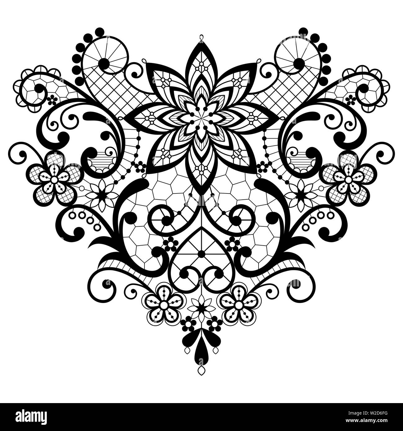 Herz Spitze schwarz und weiß vektor design - Valentinstag, Hochzeit, Liebe Herz Form Muster mit Blumen und wirbelt Stock Vektor