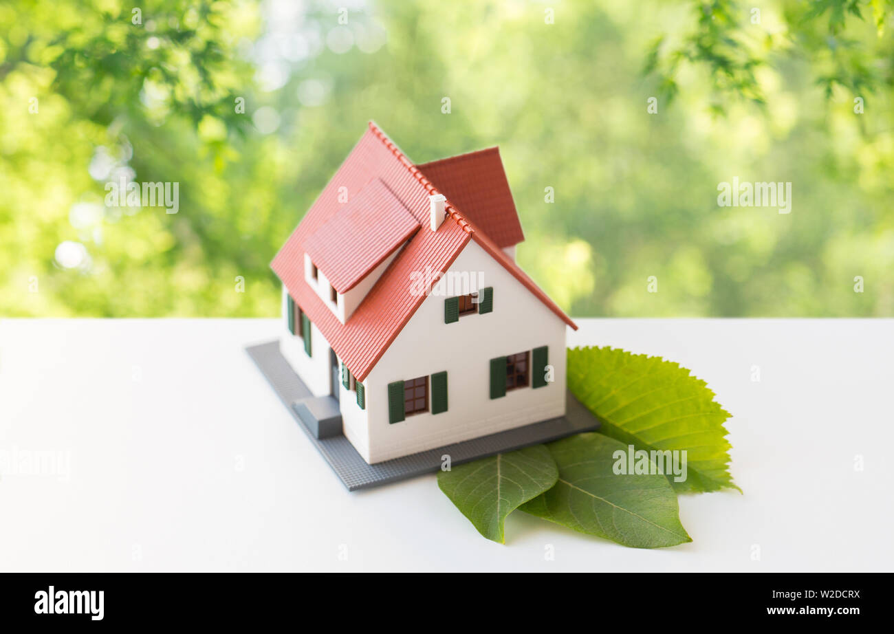 Nahaufnahme eines Hausmodells und grünen Blättern Stockfoto
