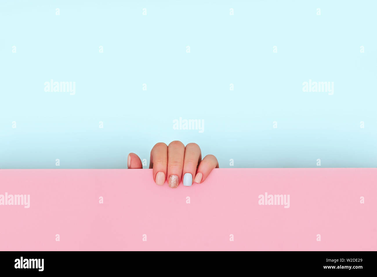 Hand mit Maniküre Holding blau und rosa Hintergrund. Stockfoto