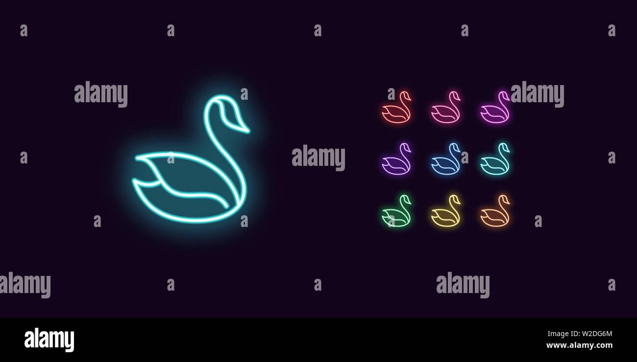 Neon Swan Symbol, Vogel. Satz von glühenden eleganten Schwan in Neon style mit transparenten Hintergrundbeleuchtung. Vektor Silhouette, rot rosa lila violett blau blau grün Stock Vektor