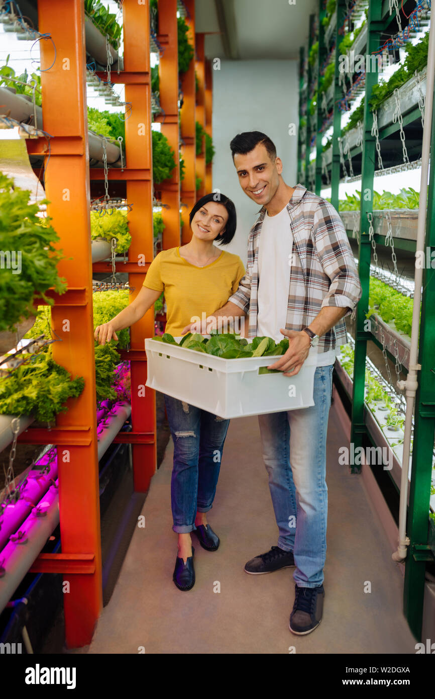 Paar Landwirte lächelnd nach wachsenden Salat im Gewächshaus Stockfoto