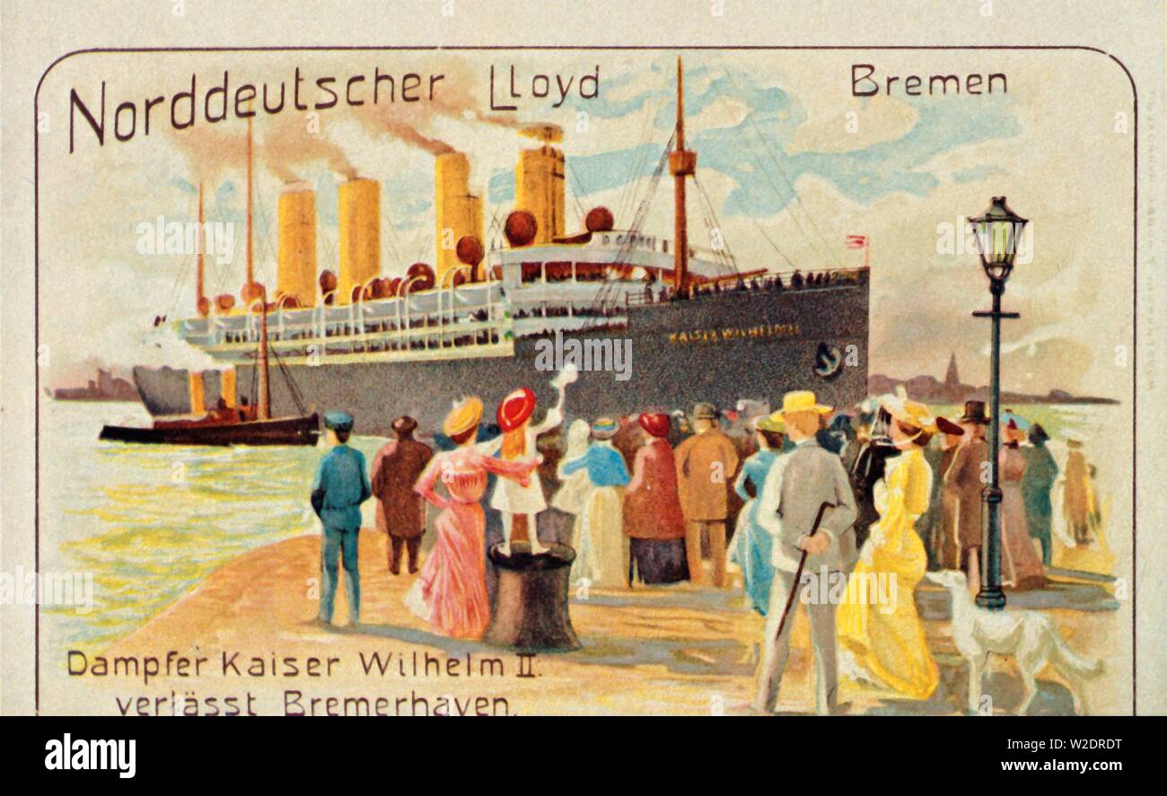 Der Riese SS "Kaiser Wilhelm II" zieht weg vom Kai in Bremerhaven, Deutschland, 1905. Schöpfer: Unbekannt. Stockfoto