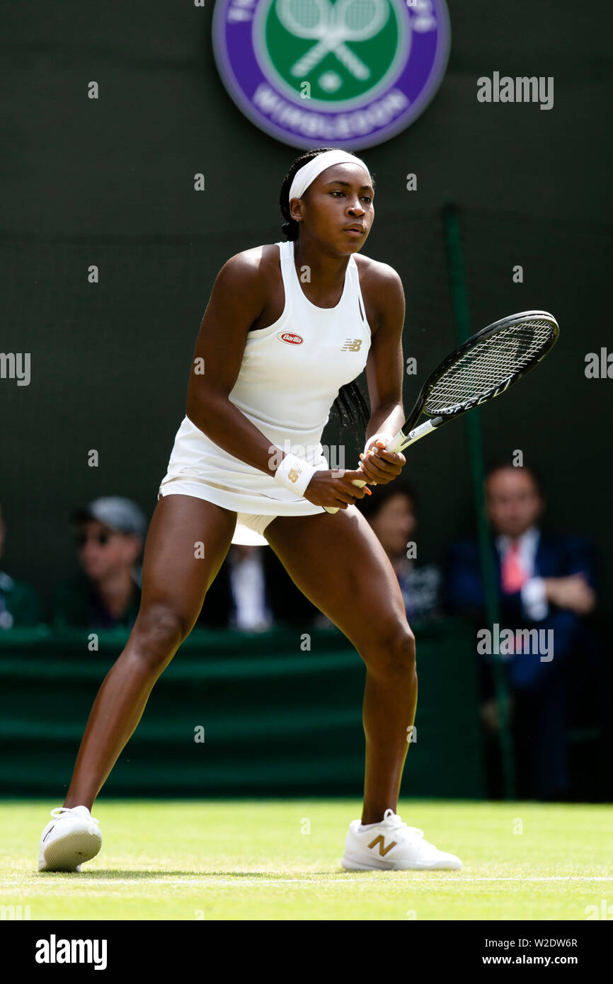 London, Großbritannien, 8. Juli 2019: Cori Gauff aus den USA in Aktion während der vierten Runde an Tag 8 in Wimbledon Tennis Championships 2019 auf der All England Lawn Tennis und Croquet Club in London. Credit: Frank Molter/Alamy leben Nachrichten Stockfoto