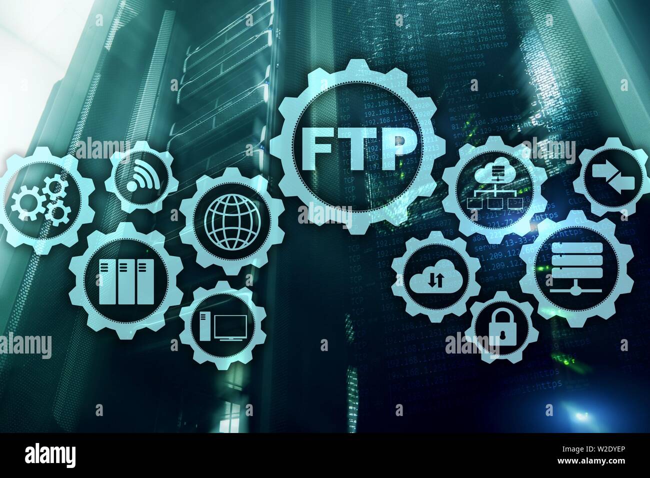 FTP. File Transfer Protocol. Netzwerk Übertragen von Daten vom Server auf supercomputer Hintergrund. Stockfoto