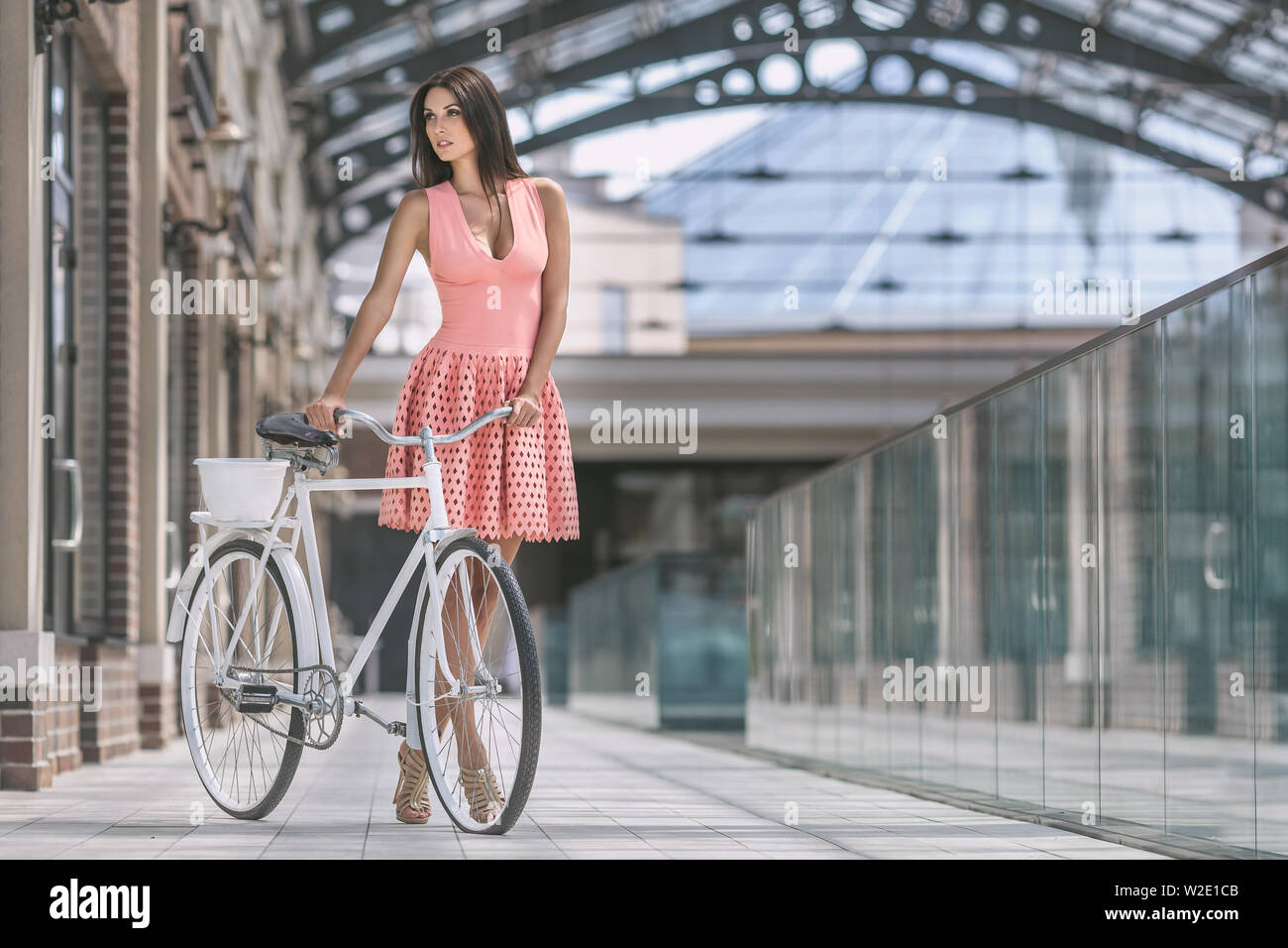 Portrait von schöne Brünette Frau im rosa Kleid mit Fahrrad Stockfoto
