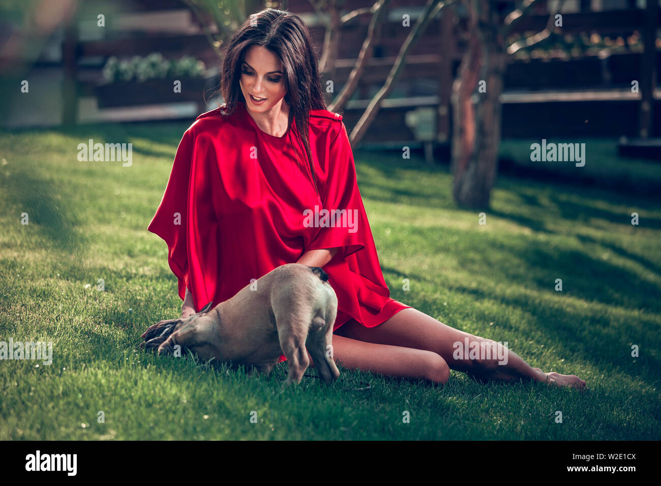 Junge schöne Brünette Frau sitzt mit Hund auf Gras Stockfoto