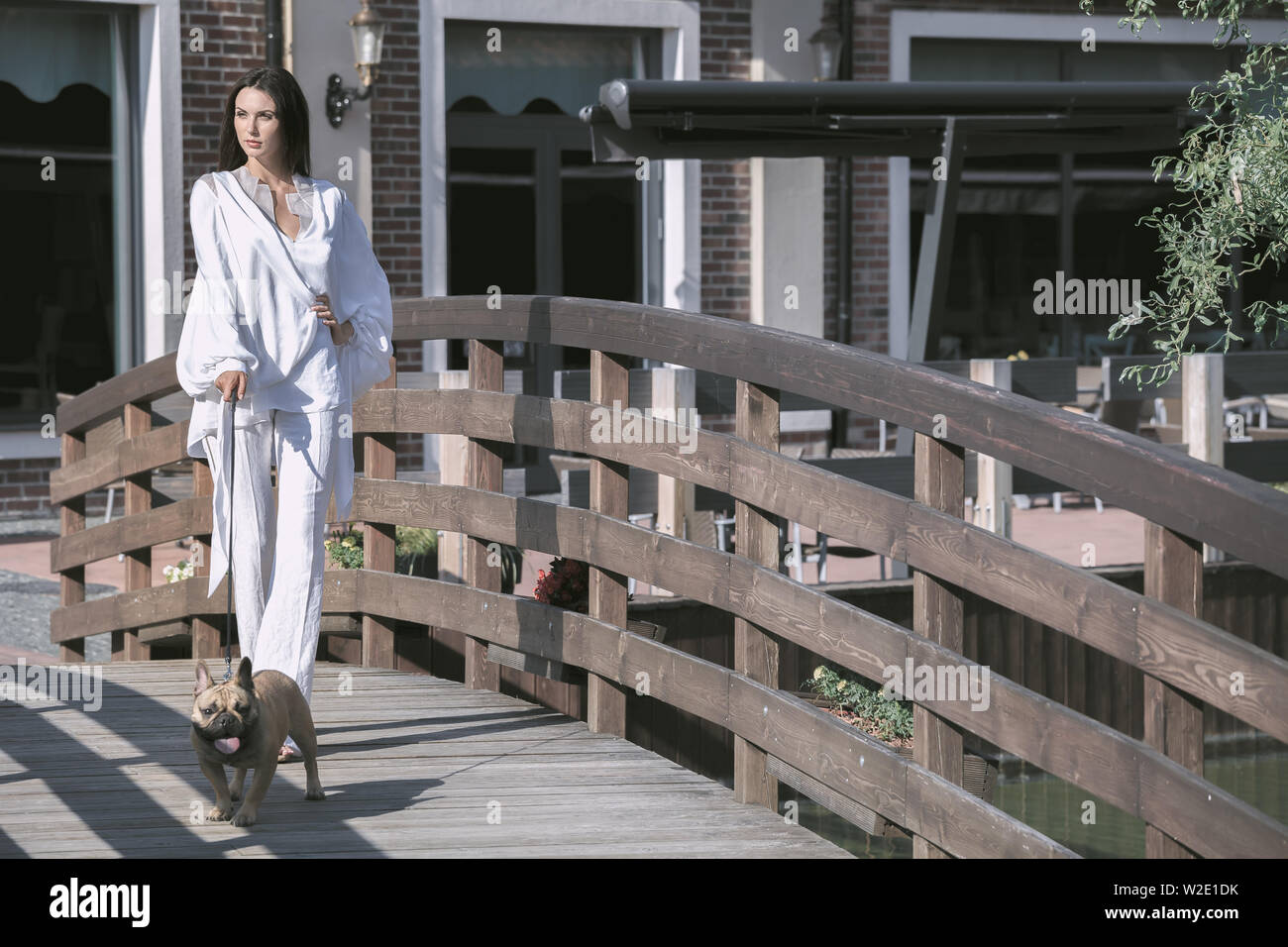 Junge schöne Brünette Frau Wandern mit Hund auf Holzbrücke Stockfoto