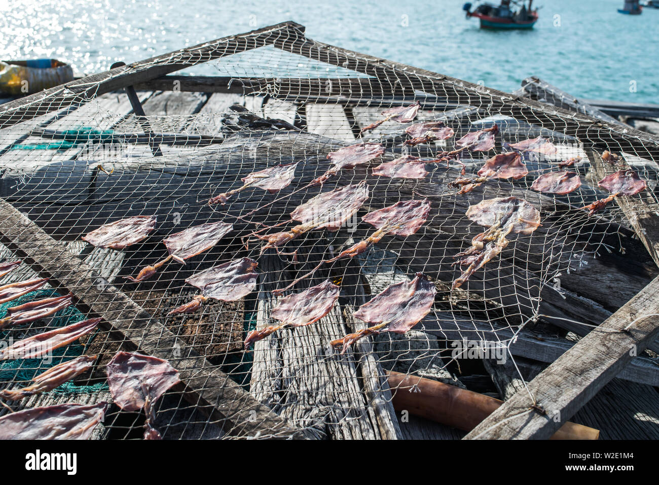 Seeleute Leben retro Konzept mit getrockneten Tintenfisch Angeln im Meer und Ozean Sommer Konzept reisen Stockfoto
