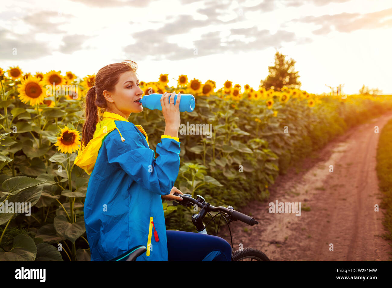 Junge Frau Radfahrer Trinkwasser nach dem Reiten Fahrrad im sonnenblumenfeld. Sommer Sport. Stockfoto