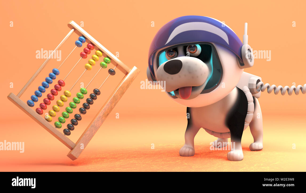 Lustig Welpe Hund im Raum untersucht, Mars und findet ein Abacus, 3d-Grafik rendern Stockfoto