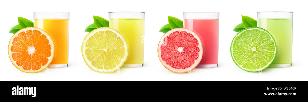 Isolierte Saft von Zitrusfrüchten. Gläser Orange, Zitrone, Limette und Grapefruit Getränke und ein Stück Obst auf weißem Hintergrund mit Clipping p Stockfoto