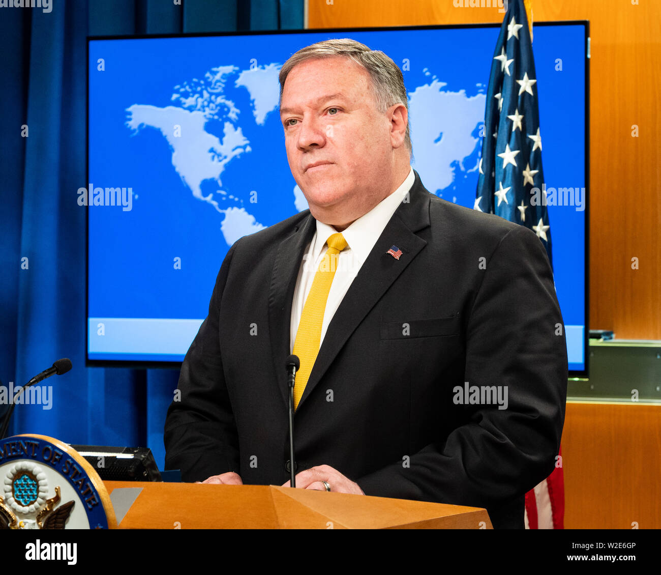 Washington, United States. 08 Juli, 2019. Us-Staatssekretär Mike Pompeo sprechen an das State Department in Washington, DC. Credit: SOPA Images Limited/Alamy leben Nachrichten Stockfoto