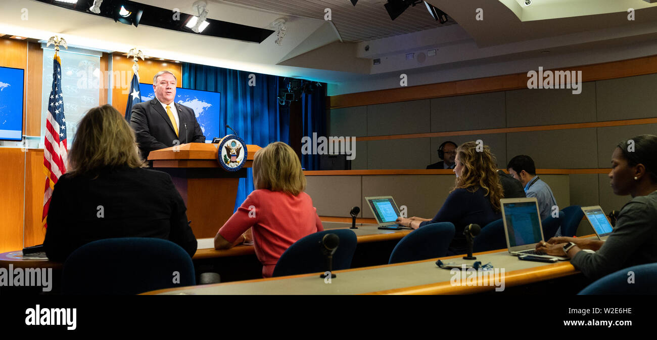 Washington, United States. 08 Juli, 2019. Us-Staatssekretär Mike Pompeo sprechen an das State Department in Washington, DC. Credit: SOPA Images Limited/Alamy leben Nachrichten Stockfoto