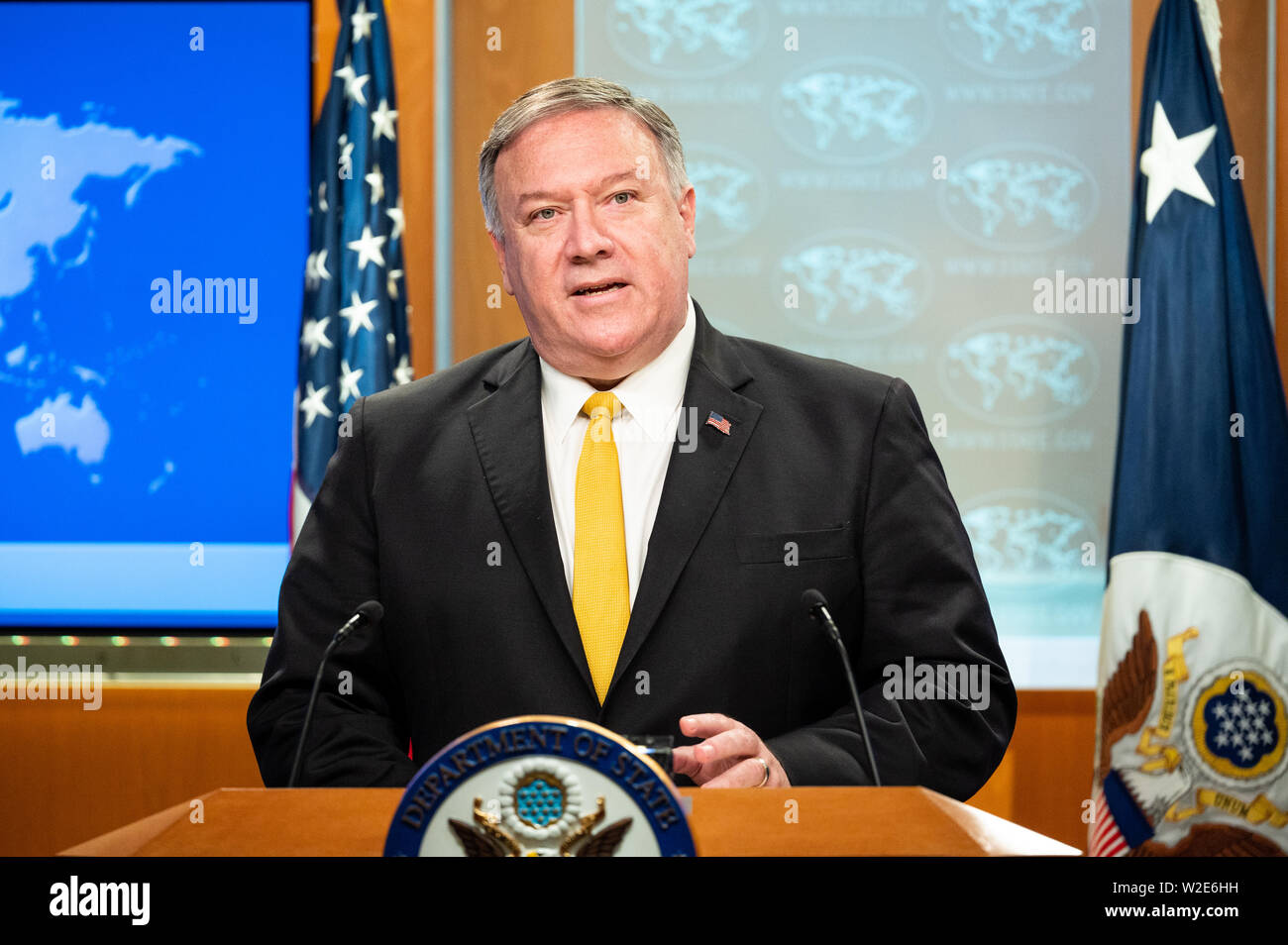 Washington, United States. 08 Juli, 2019. Us-Staatssekretär Mike Pompeo sprechen an das State Department in Washington, DC. Credit: SOPA Images Limited/Alamy leben Nachrichten Stockfoto