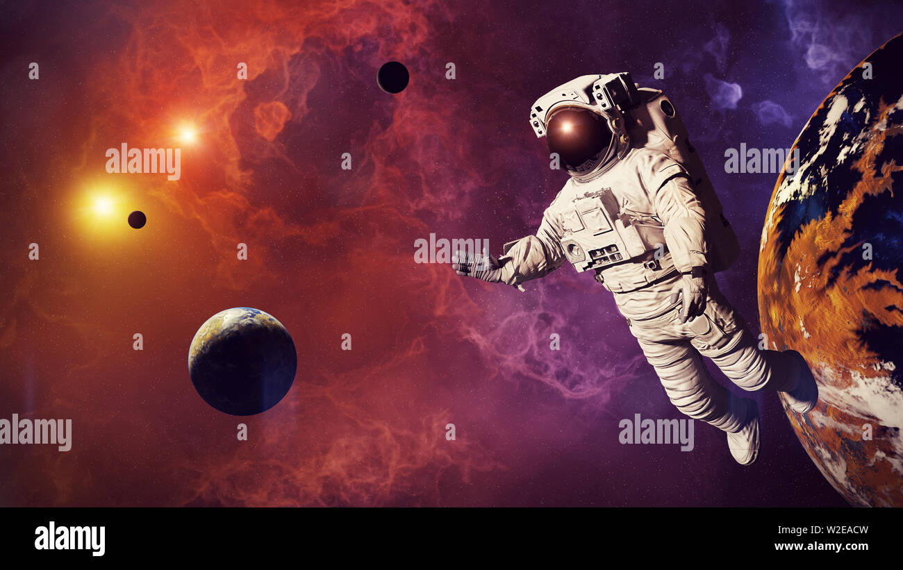 Astronaut, der bunte Nebel mit Planeten und Monde (3d-Abbildung) Stockfoto