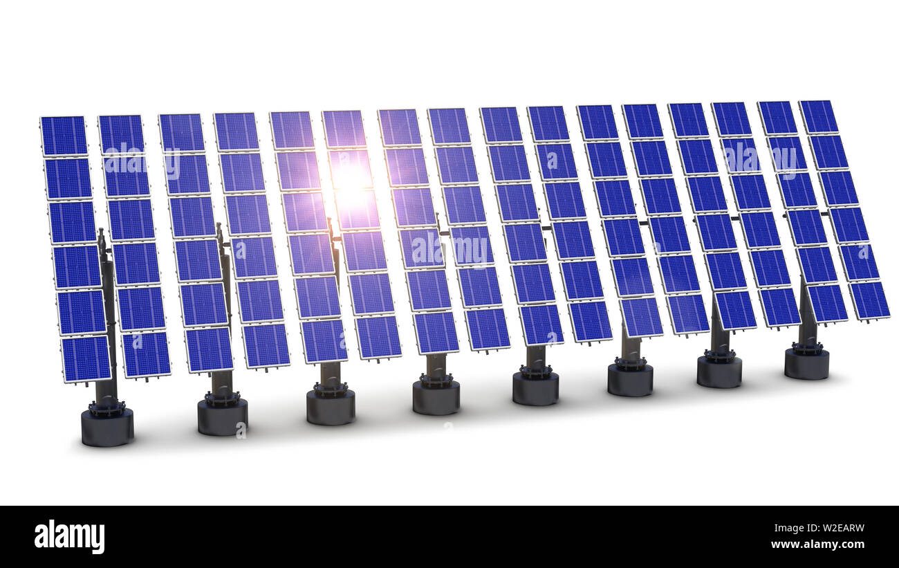 Solarplattenmatrix isoliert auf weißem Hintergrund (3d-Abbildung) Stockfoto