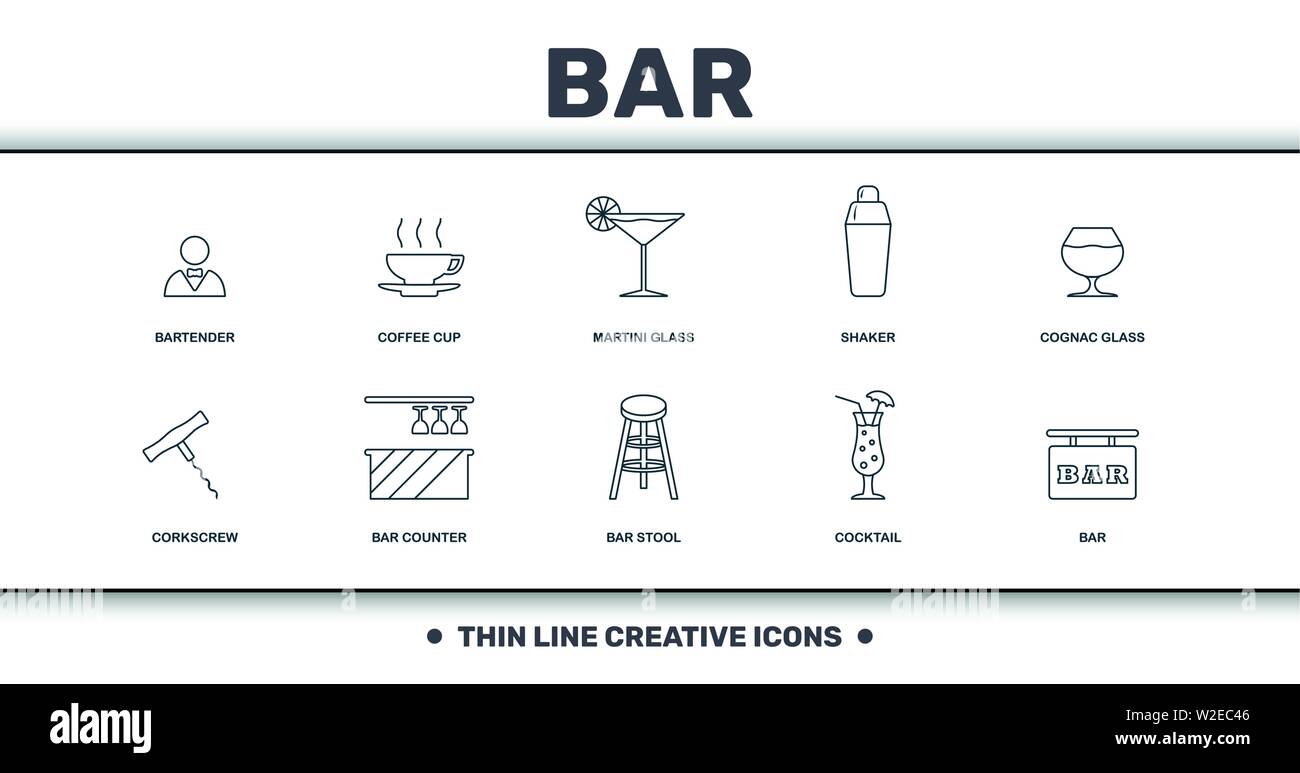 Bar und Restaurant Ikonen Set Sammlung. Enthält kreative Elemente wie Barkeeper, Kaffeetasse, Martini-Glas, Shaker, Cognac-Glas, Bar Counter Stock Vektor