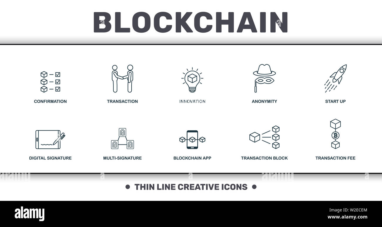 Blockchain eingestellt icons Collection. Enthält einfache Elemente wie Bestätigung, Transaktion, Innovation, Anonymität, Start Up, Multi-Signature und Stockfoto