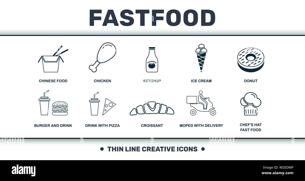 Fastfood Icons Thin Line Set Kollektion. Enthält kreative Elemente wie Donuts, Eis, Ketchup, Chicken Leg, chinesisches Essen, Getränk mit Pizza Stock Vektor